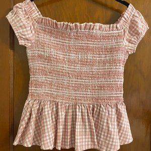 Pink plaid smocked off the shoulder top
